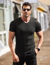 Men'S Muscle T Shirts Stretch Short Sleeve V Neck Bodybuilding Workout Tee Shirts Ribbed Knit Shirt